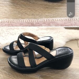 Born Black Leather Cross Band Strappy Wedge Comfort Sandals